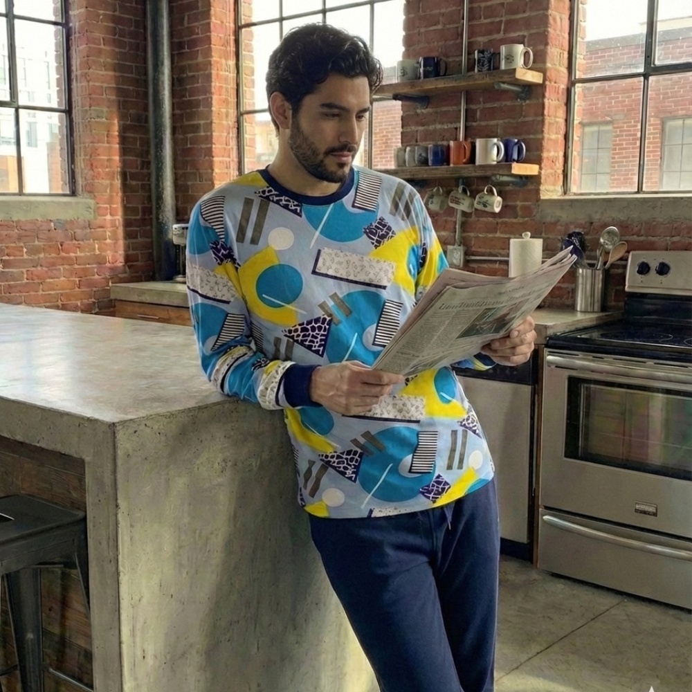 Blue Retro Geo Print Long Sleeve Crew